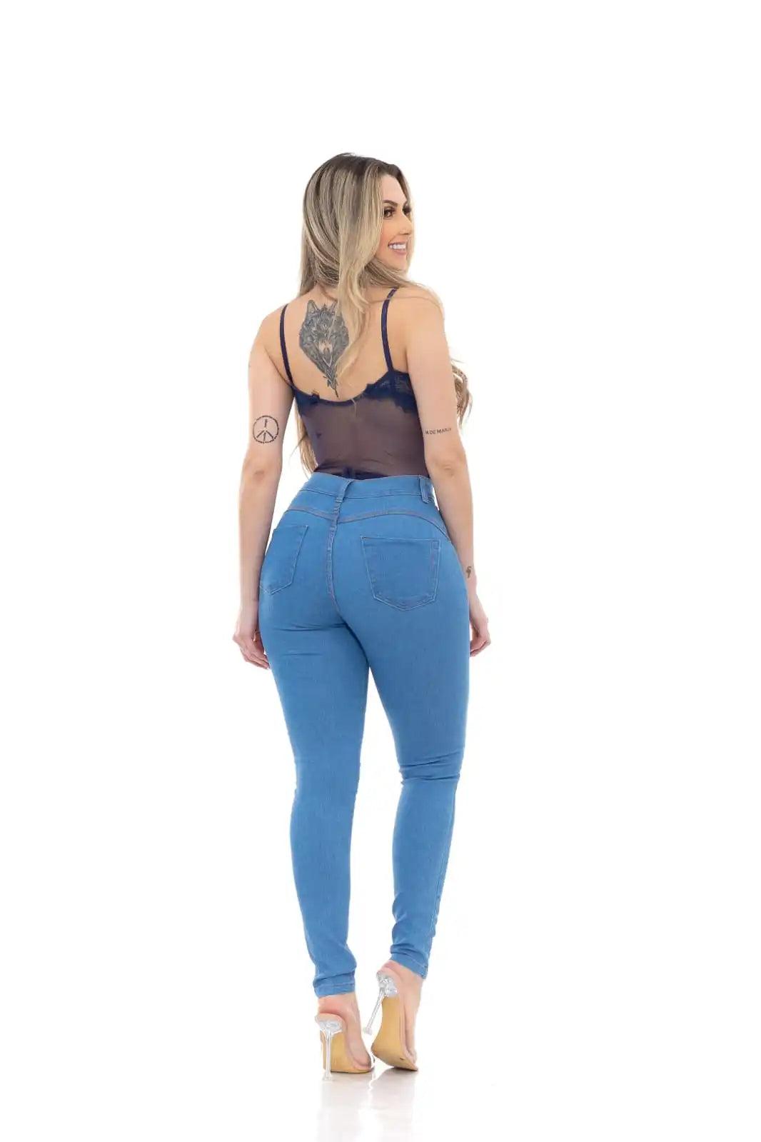 Calça Jeans Skinny Azul Claro Délavé com Cintura Alta - Milaa