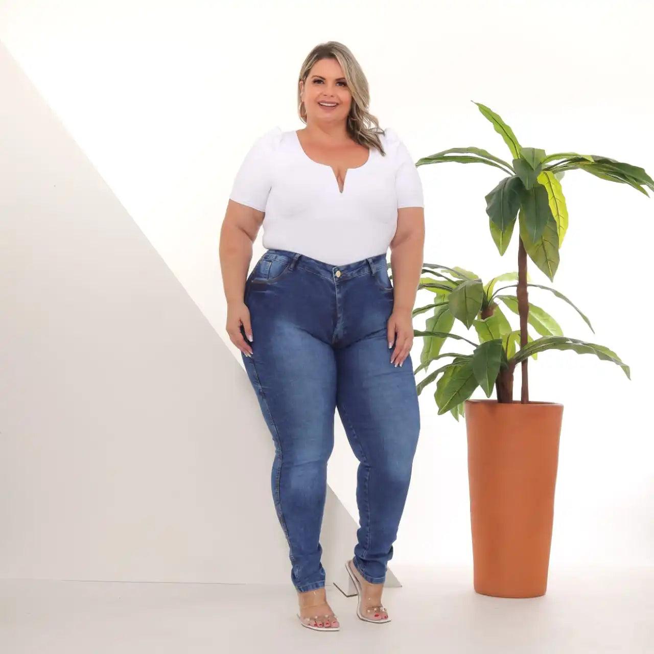 Calça Jeans Skinny Azul Escuro Feminina Plus Size