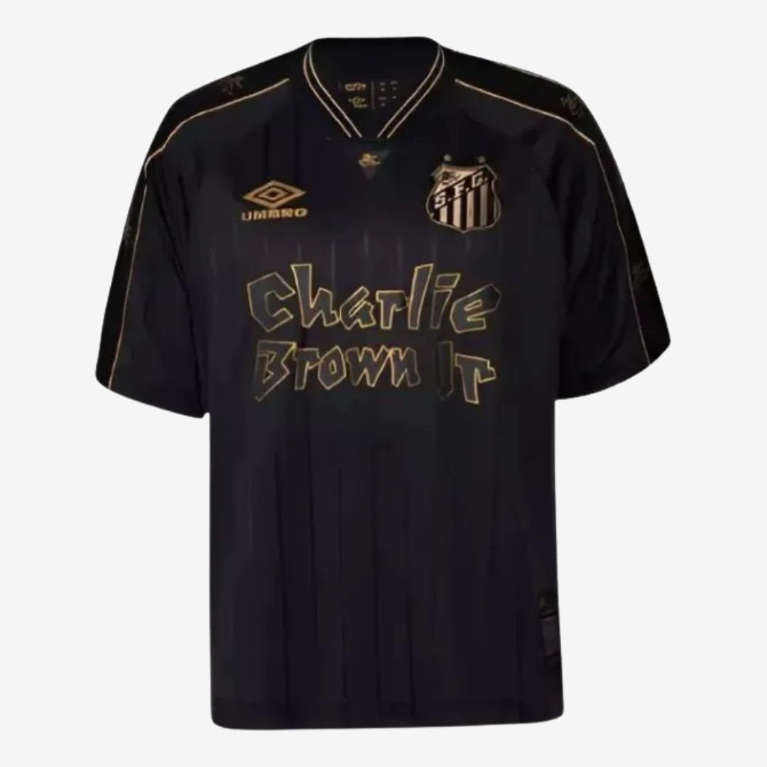Camisa Santos Charlie Brown 2024 Torcedor Masculina Preto+Dourado