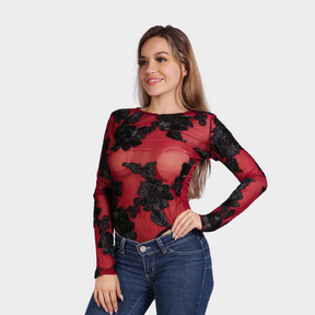 Blusa Feminina Elegante de Manga Longa com Detalhes em Renda