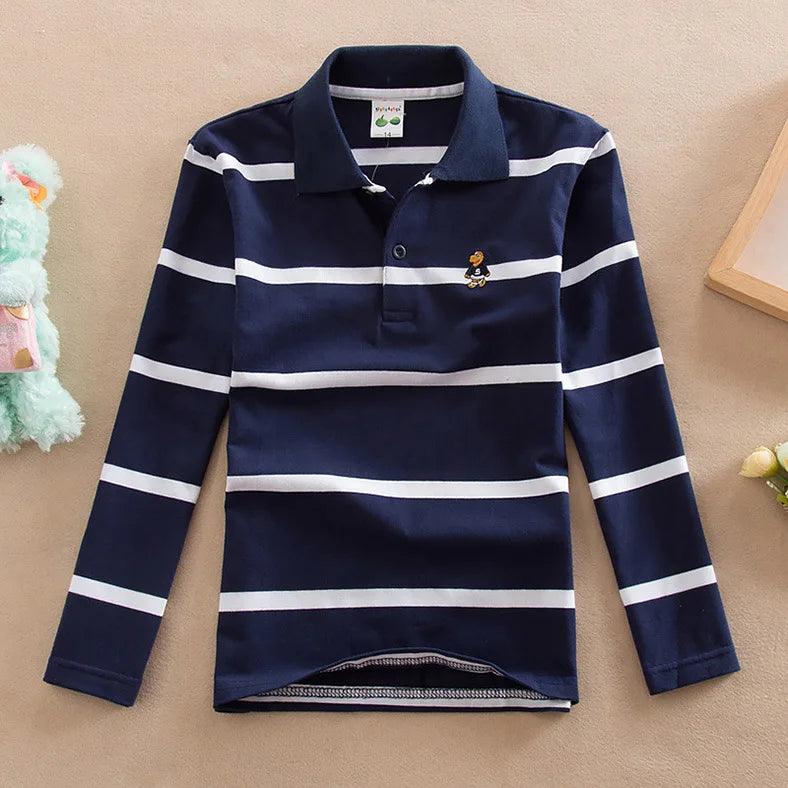 Camisa Masculina Polo Infantil de Manga Longa com Listras