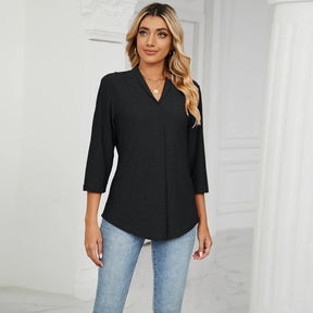 Blusa Casual Feminina com Decote em V e Mangas Três Quartos