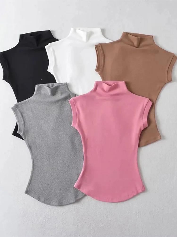 Camiseta Feminina Verão Turtleneck Sem Mangas