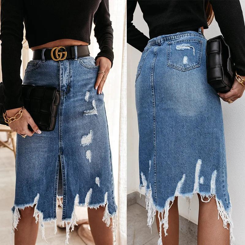 Saia Jeans Midi com Bolsos