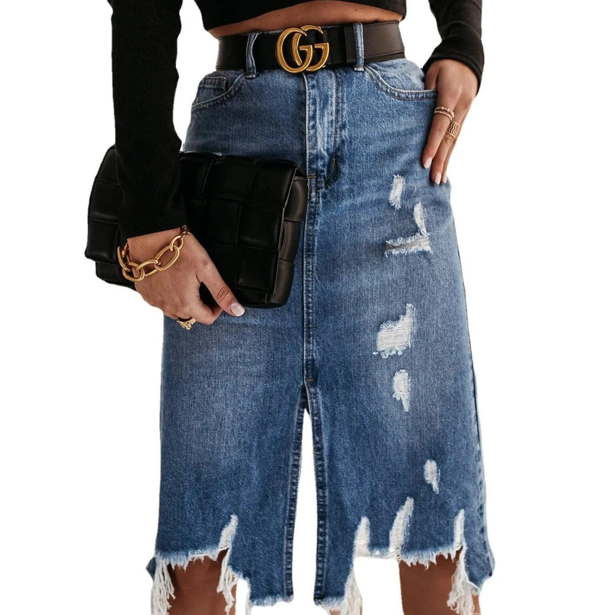 Saia Jeans Midi com Bolsos