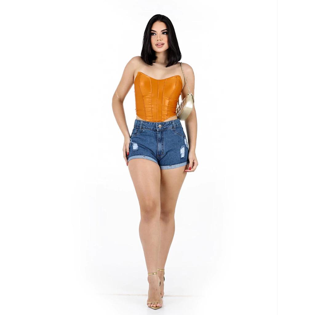 Short Jeans Feminino Cintura Alta Cos Alto Barra Dobrada