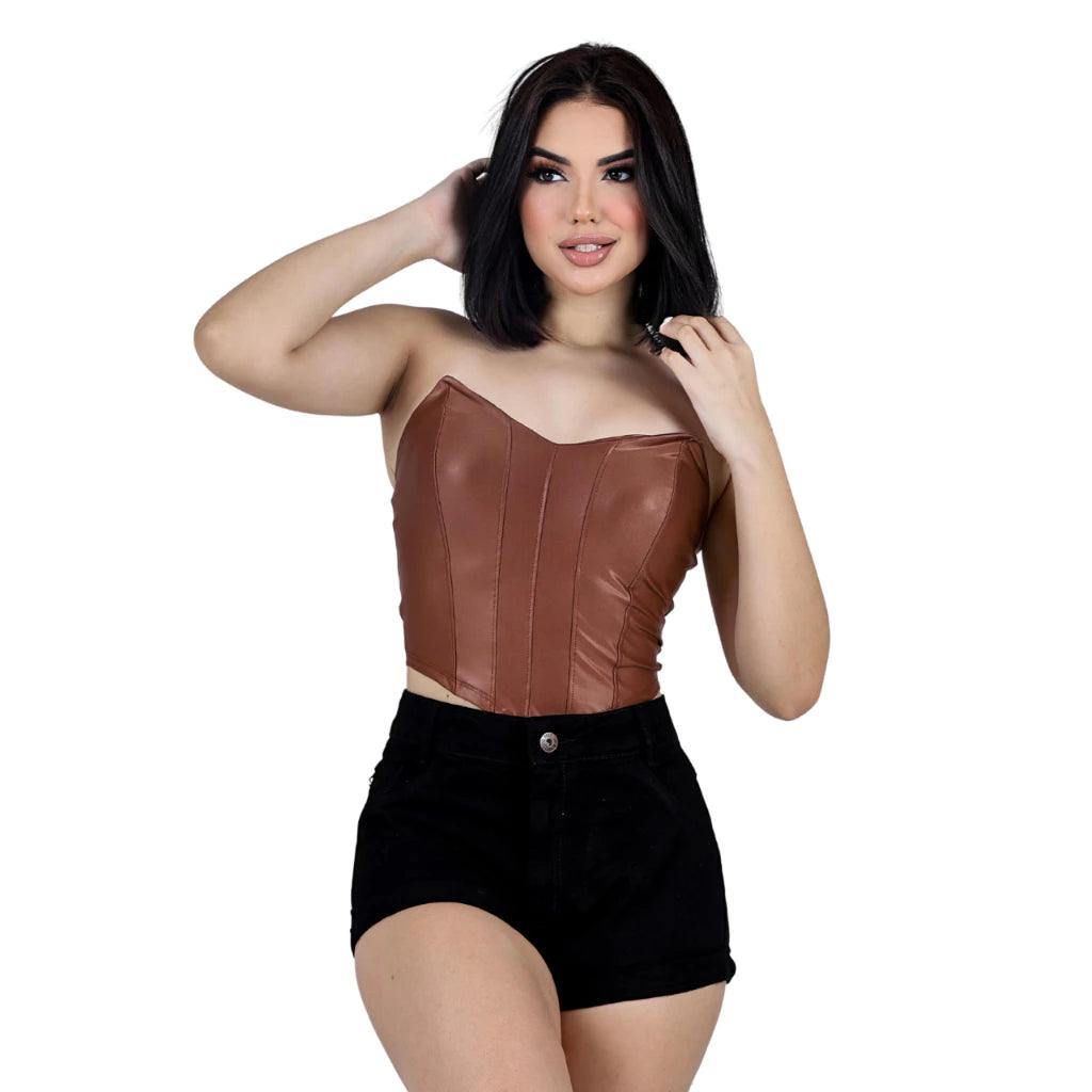 Cropped Feminino Morcego Preto de Couro