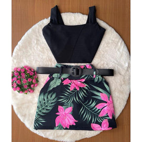 Conjunto Feminino Plus Size Blusa Cropped + Short Saia com Cinto