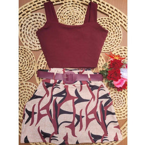 Conjunto Feminino Plus Size Blusa Cropped + Short Saia com Cinto