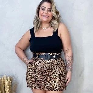 Conjunto Feminino Plus Size Blusa Cropped + Short Saia com Cinto