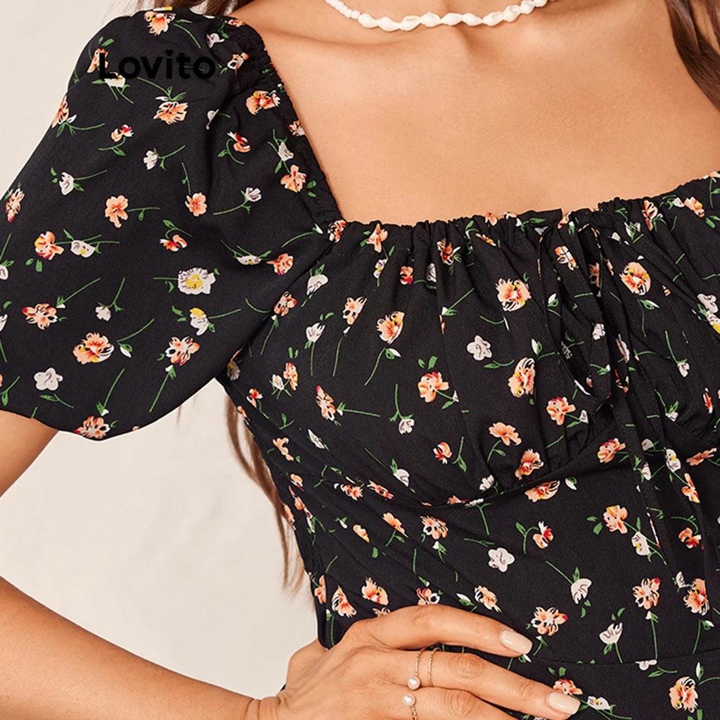 Vestido Floral Romântico com Nó e Fenda na Coxa