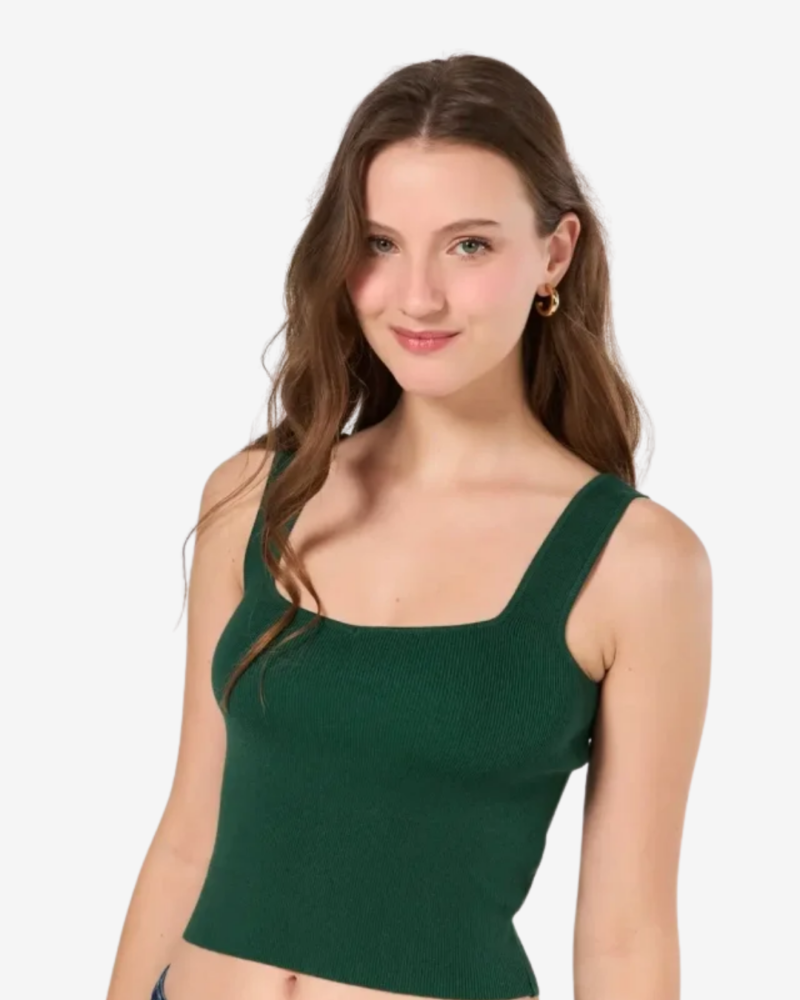 Blusa Canelada em Tricô com Decote Quadrado